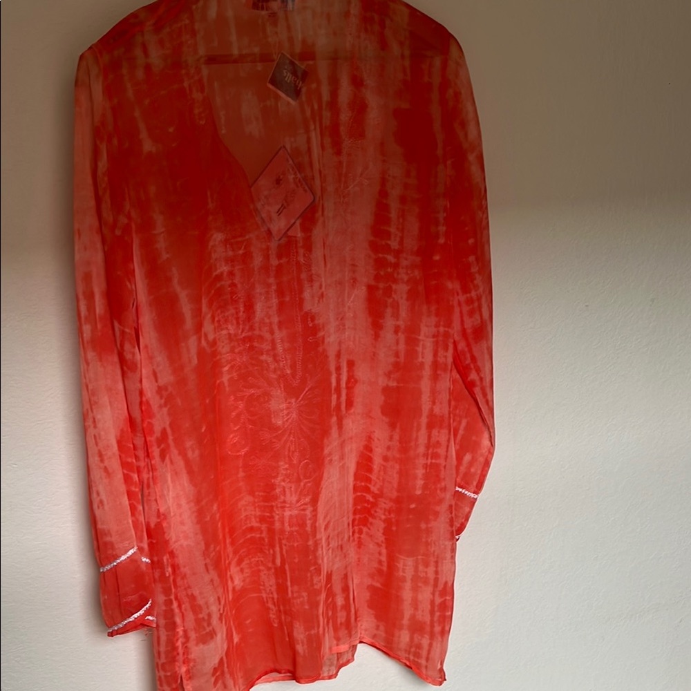 Blue Island Orange Embellished Long Sleeve Beach Coverup Tunic W/tags Sz L - Picture 6 of 6